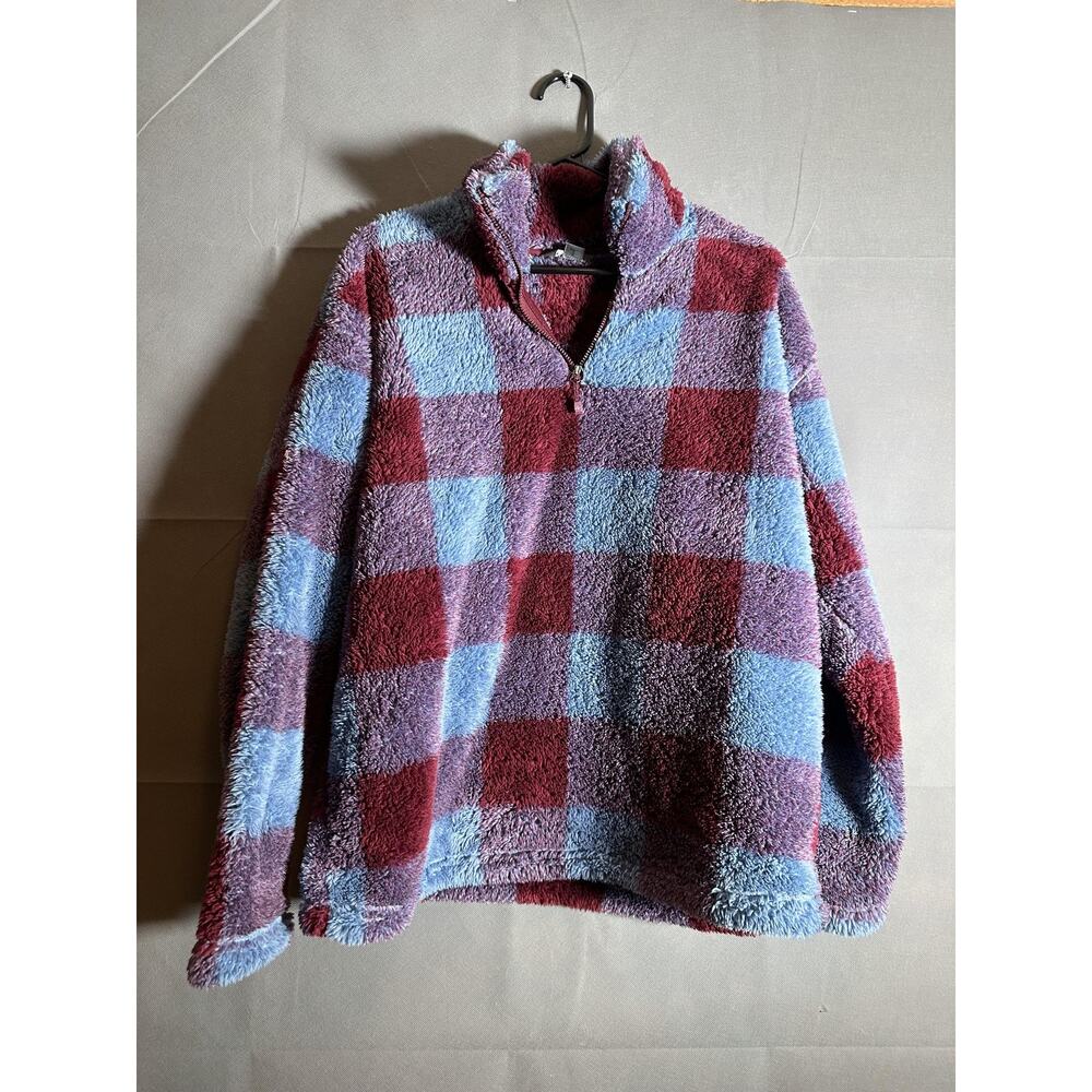 Eddie Bauer Pullover Womens Large Red Blue Plaid Sherpa Fleece Half Zip Outdoors